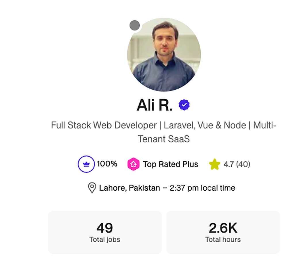 Ali Raza - Upwork Top Rated Plus: 100% Job Success, 4.7 stars across 40 reviews, 49 jobs and 2,600+ hours